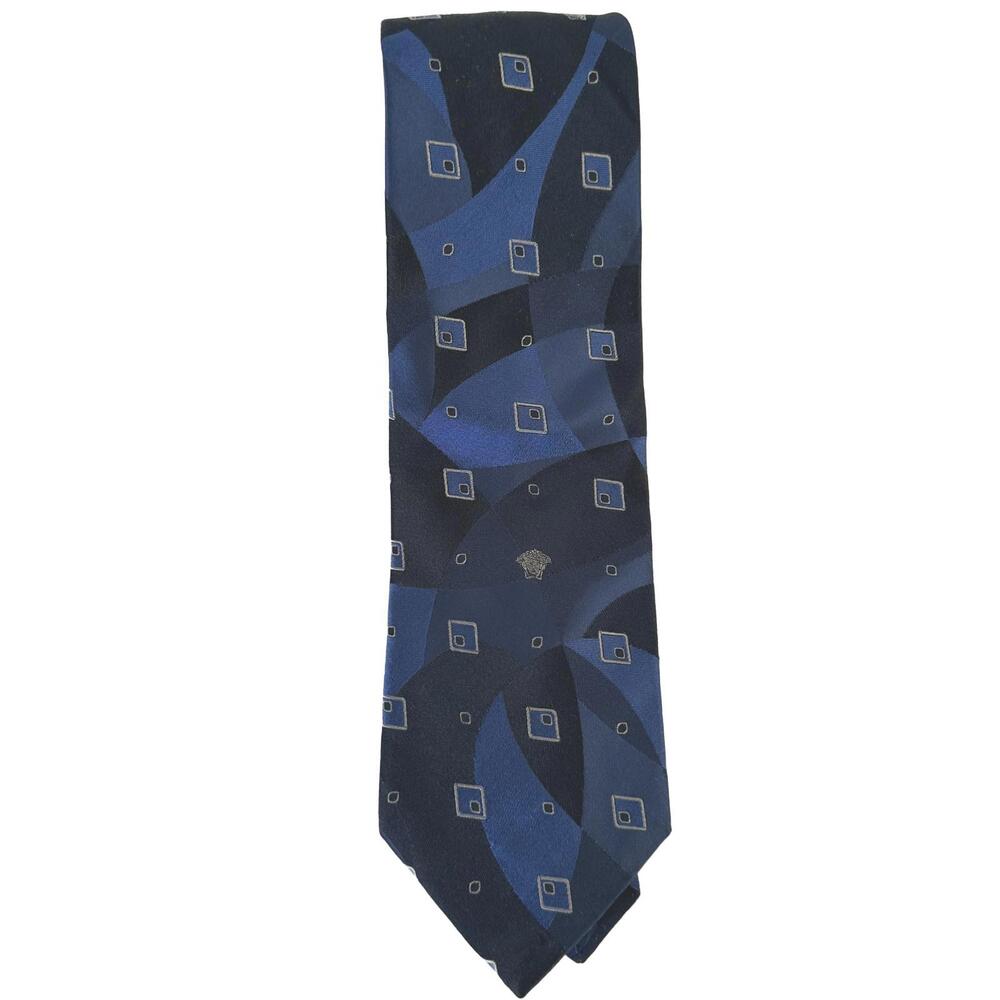 Versace Memorabilia Silk Tie with Geometric Pattern - Elegant Dark Blue Design